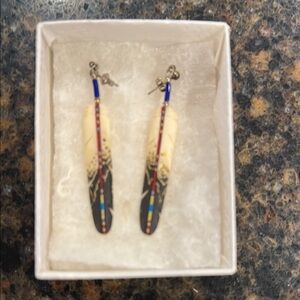 Blue and Red Feather Earrings with Beaded Accents